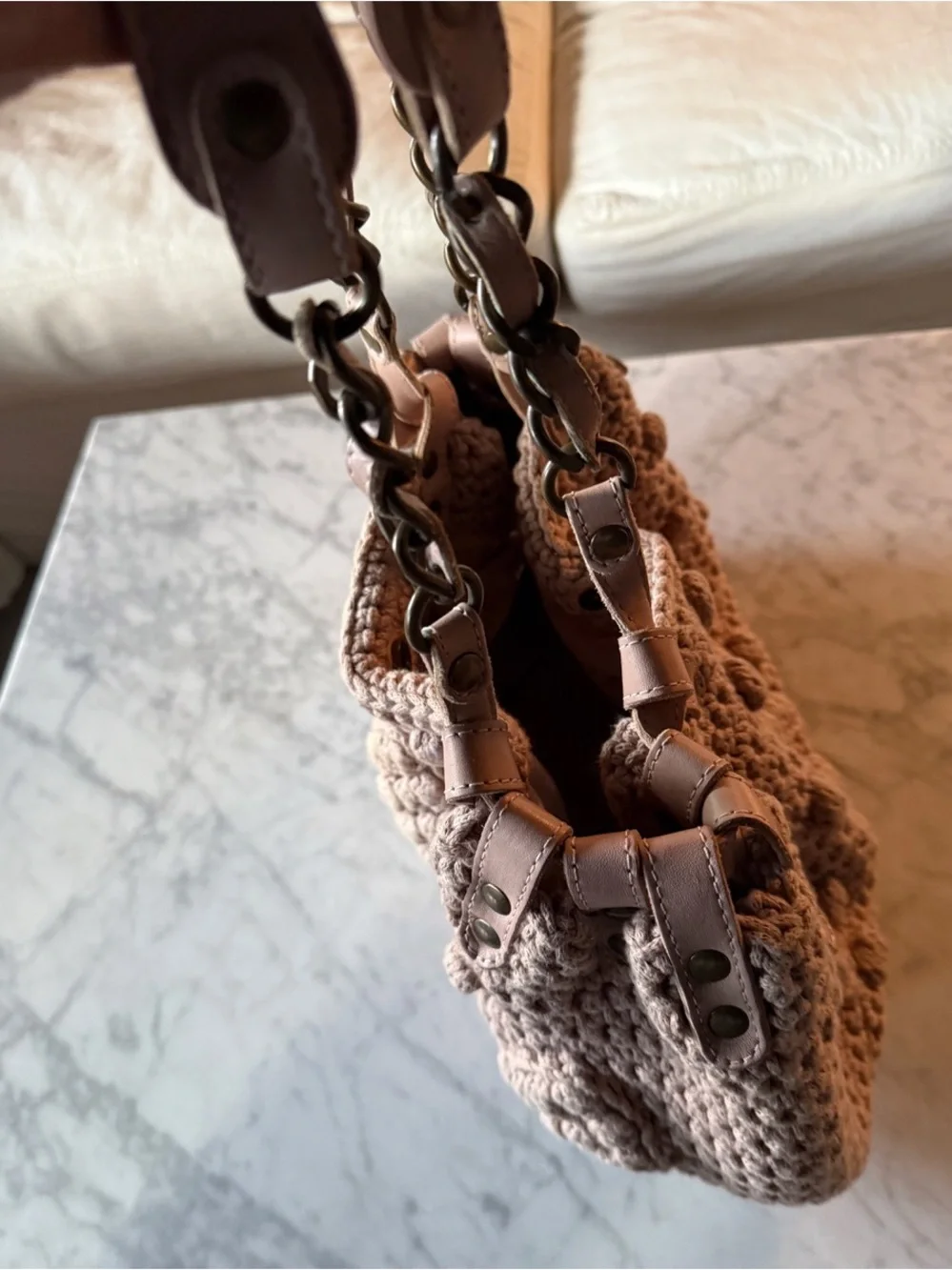 GERARD DAREL Hand-Crocheted Bubble Knit Tote Bag - Beige